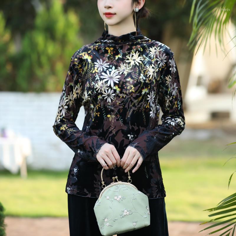 

Ethnic Clothing 2023 Chinese National Hanfu Tops Women Flower Print Velvet Shirt Style Vintage Harajuku Elegant Oriental Female T-shirt