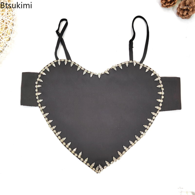 

Women' Tanks Sexy Love Apron-style Women Corest Top Y2K Rhinestone Beaded Tank Tops Female Nightclub Heart-shaped Chest Wrap Tube, Black