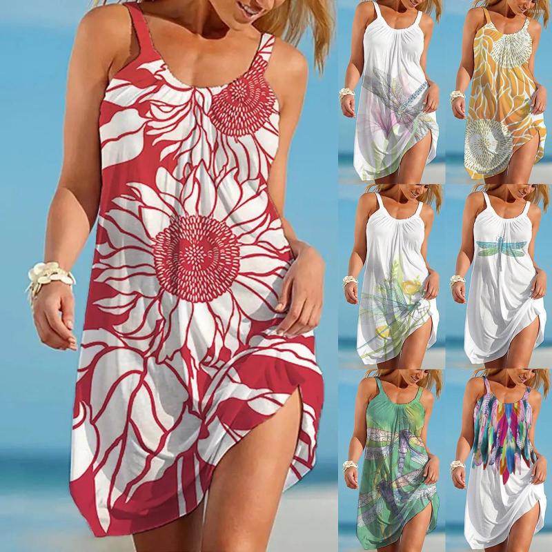 

Skirts 2023 Fashion Vintage Dress Women Summer Casual Floral Print Sexy Sleeveless Sundress Loose Beach Knee-Length Robe Femme, Hot pink