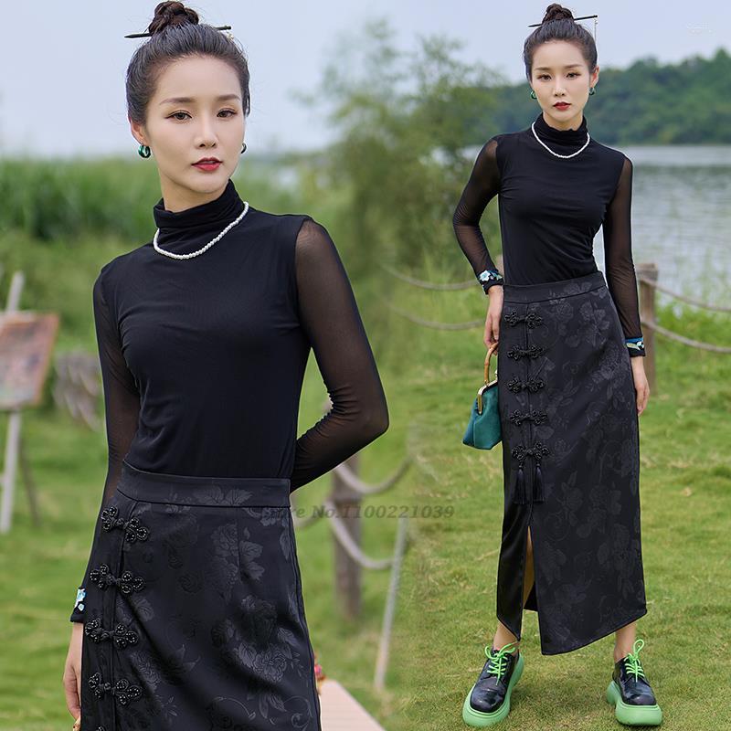

Ethnic Clothing 2023 Flower Embroidery Style Women Base Shirts Retro Chinese Harajuku High Collar Mesh Shirt Oriental Vintage Hanfu Tops