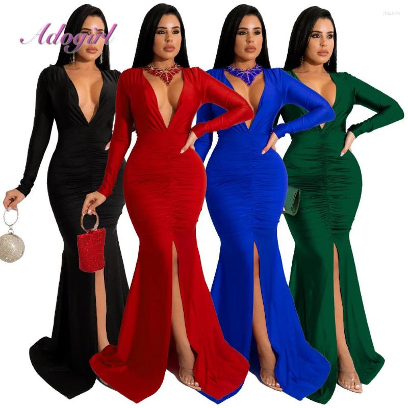 

Casual Dresses Elegant Ruched Deep V Neck Floor Length Long Dress Women Evening Solid Sleeve High Split Party Club Maxi Vestidos, Green