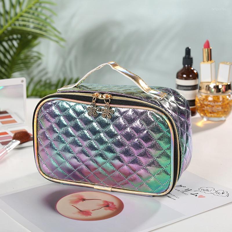 

Cosmetic Bags Fashion Case High Capacity Makeup Bag PU Portable Casual Square Lattice Women Storage Wash 2023, Light pink