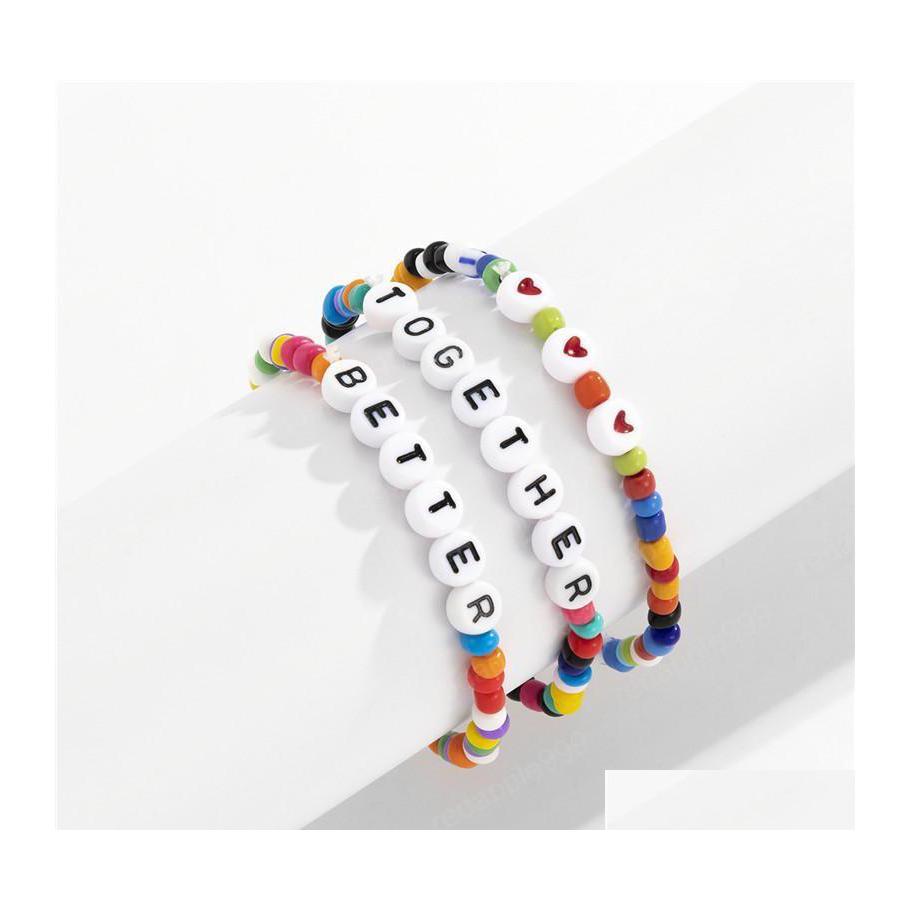 

Charm Bracelets Woven Acrylic Letter Beaded Strands Women Mti Layer Heart Colorf Hand Jewelry European Vacation Party Gift Beads Cha Dhefi