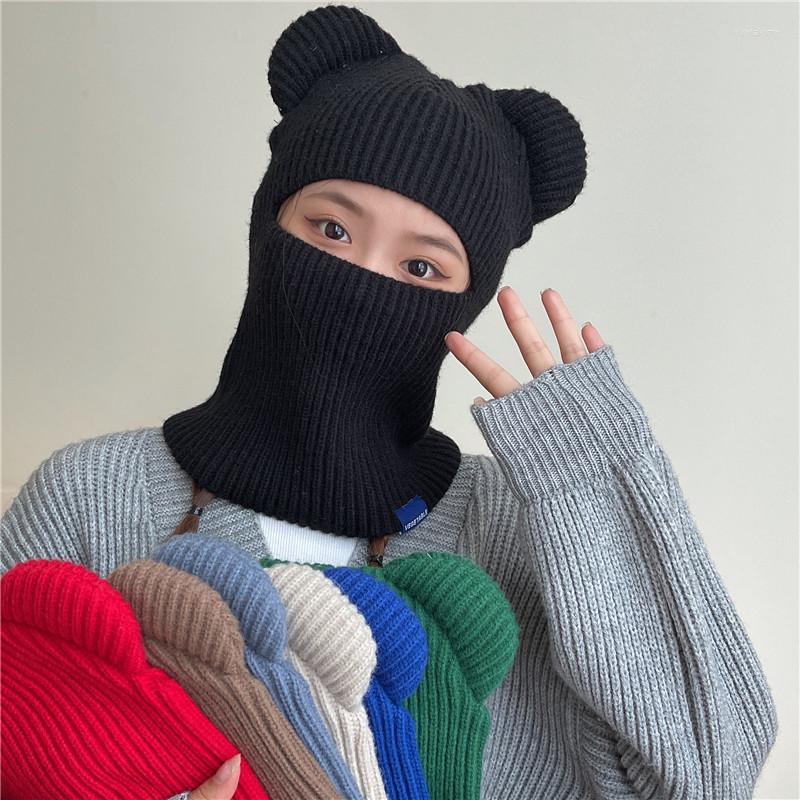 

Berets 2023 Balaclava Hat Winter Knitted Pullover Cap Bear Ears Outdoor Warm Riding Windproof Integrated Scarf Skullies Beanie, Black