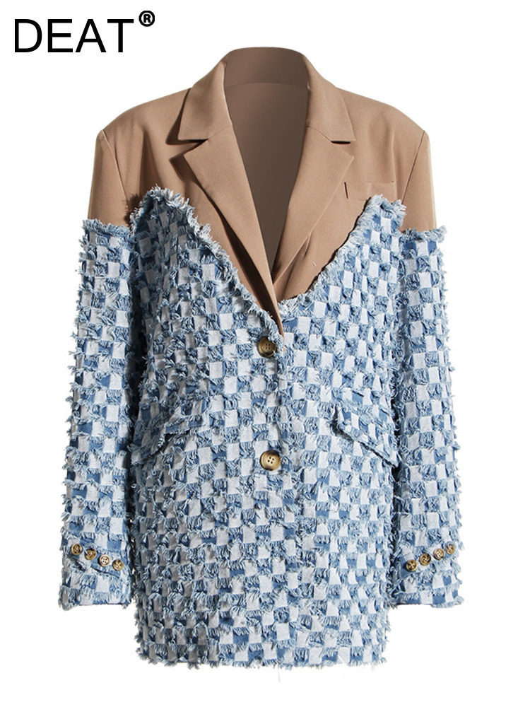 

Women' Suits Blazers DEAT Fashion Women' Blazer Notched Collar Loose Single Breasted Denim Patchwork Suit Jackets Female Autumn 17A4068 230203, Denim black