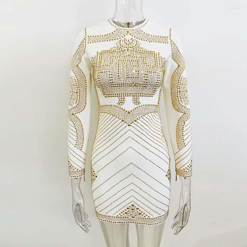 

Casual Dresses Spring And Autumn 2023 European American Stars Fashion Heavy Industry Metal Elastic Tight Long Sleeve Women' Dress, White