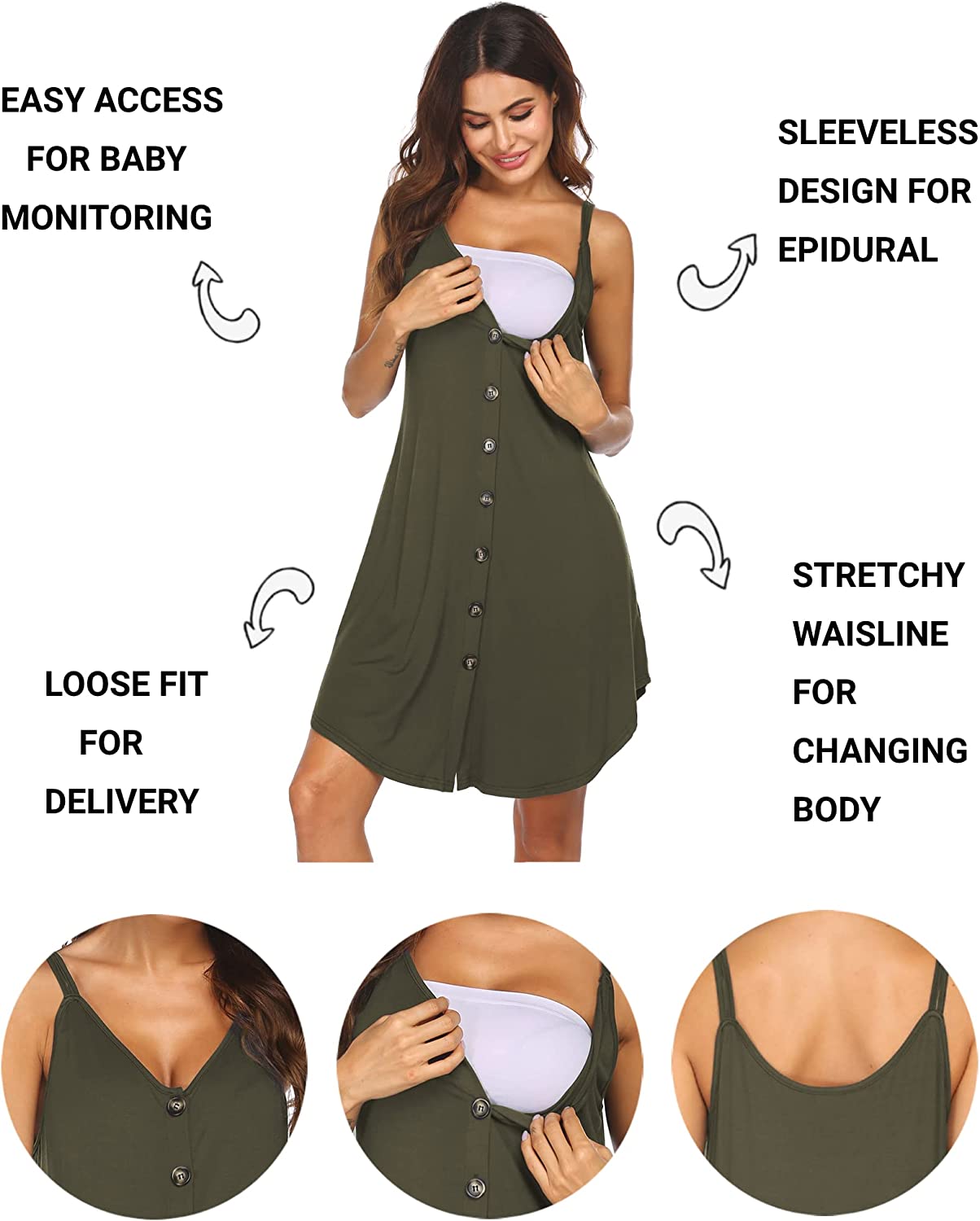 

Ekouaer Nursing Nightgown Women's Maternity Dress Button Down Nightdress Sleeveless Breastfeeding Sleepwear Hospital Gown, Yellow