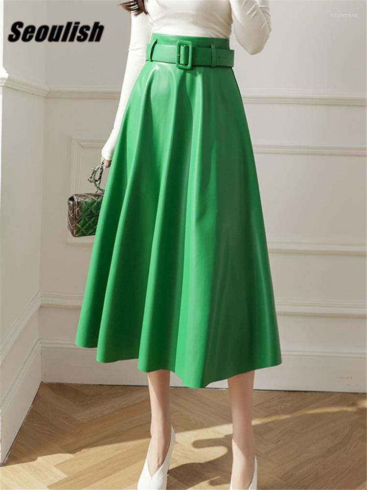 

Skirts Seoulish Elegant Green Faux PU Leather Long With Belted 2023 High Waist Umbrella Ladies Female Autumn Winter, Black