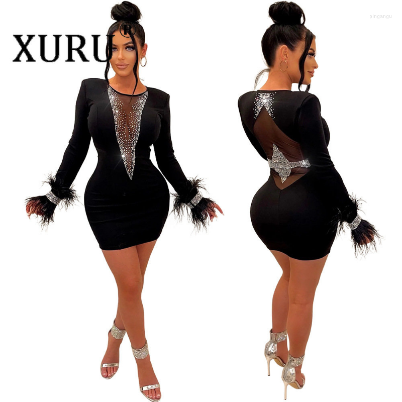 

Casual Dresses XURU Sexy Perspective V-neck Dress Splicing Long Sleeve Hip Wrap Nightclub Party For Women, Black