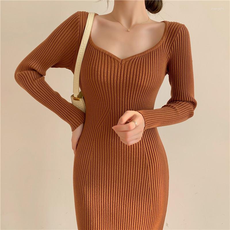 

Casual Dresses Sweetheart Neck Knitted Dress Autumn Winter Long Sleeve Sweater Mermaid Solid Temperament Bodycon Knit For Women, Black