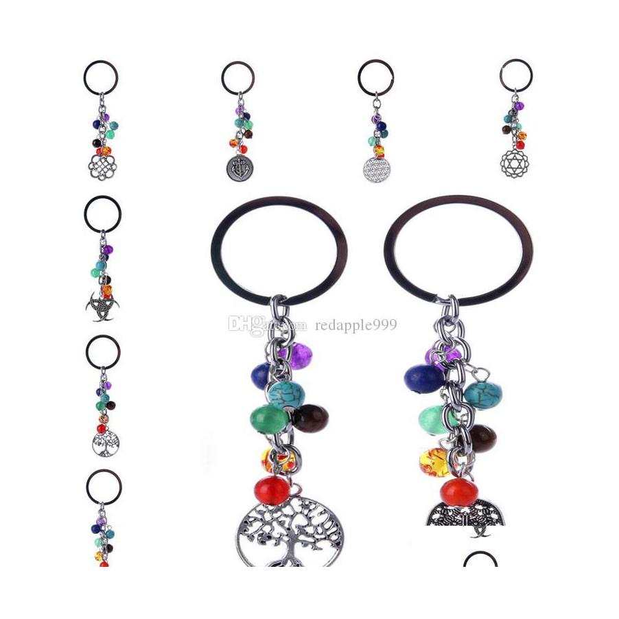 

Keychains Lanyards Yoga Reiki 7 Chakra Natural Stone Keychain Ancient Sier Tree Of Life Anchor Hand Key Chain Ring Bag Hangs Jewel Dhogf