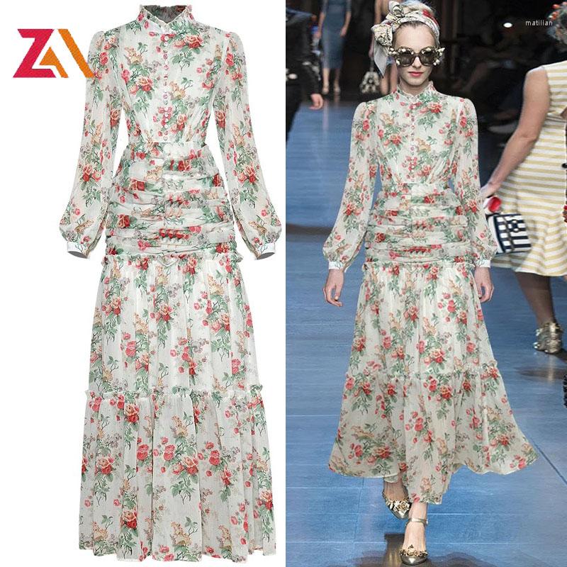 

Casual Dresses ZALady Pleated Up Dress Women Stand Collar Long Puff Sleeve Sweet Flower Printed Robe Femme Elegant Party Maxi Vestidos, Picture shown
