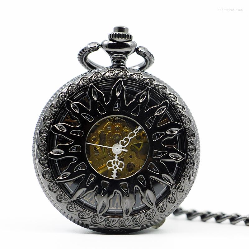 

Pocket Watches Fashion Cool Bronze Hollow Sun Flower Design Skeleton Mechanical Watch With Chain For Men Women PJX1223, Picture shown