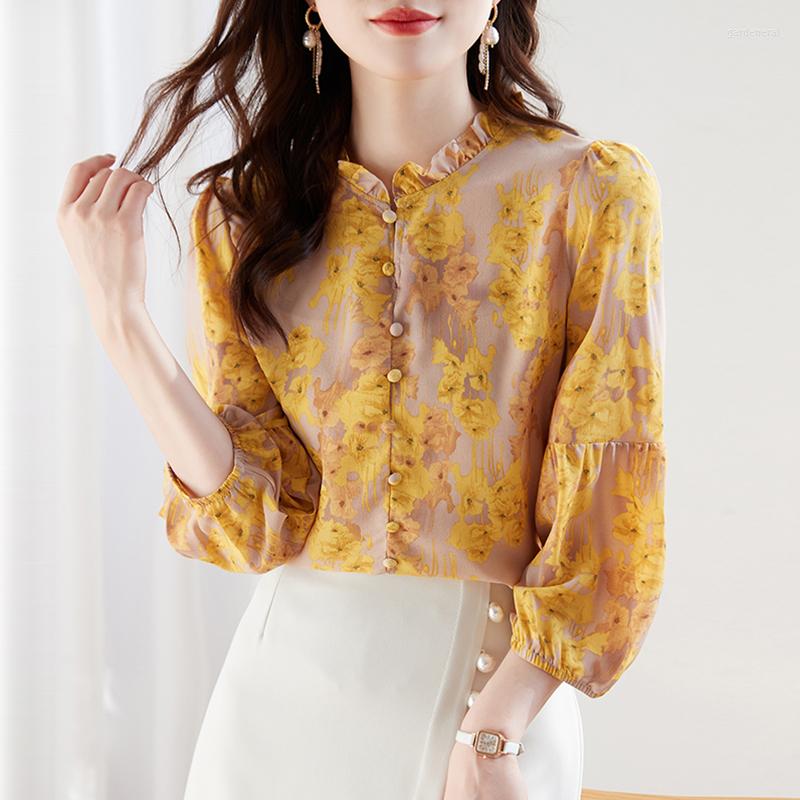 

Women' Blouses Lantern Long-sleeve Floral Shirt Women' Spring Yellow Blusas 2023 Style Office Work Elegant Chiffon Tops Beautiful