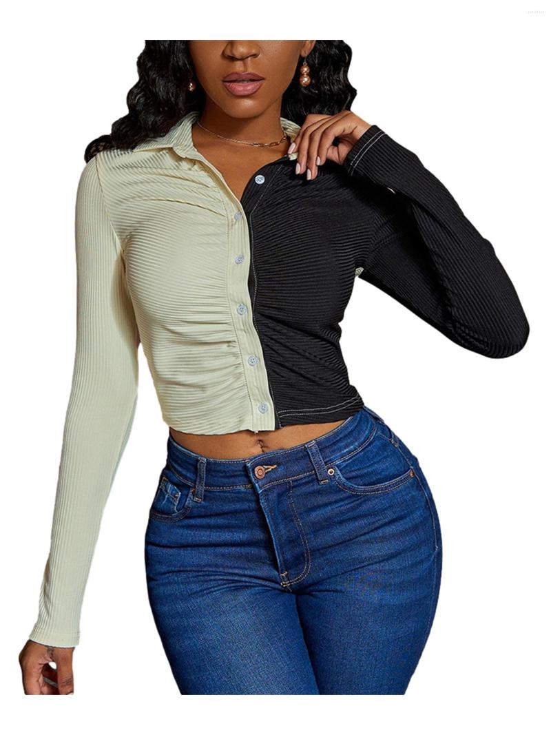 

Women's Polos Ruched Lapel Shirts Long Sleeve V Neck Color Block Button Down Crop Tops Colorblock Long-sleeved Top