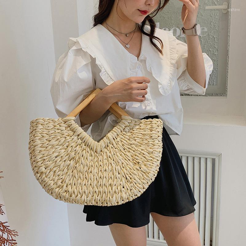 

Evening Bags Vintage Casual Women Bohemian Shoulder High Capacity Totes Oval Shaped Summer Beach Handmade Straw Handbag Clutch, Khaki