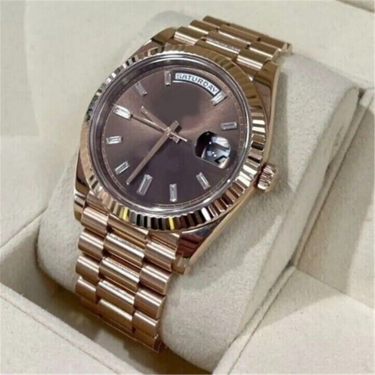

With original box Luxury Wristwatch BRAND New Day-Date 41mm 18K Everose Gold 228235 Chocolate Baguette BOX/PAPERS MINT, Style 1 original box+watch