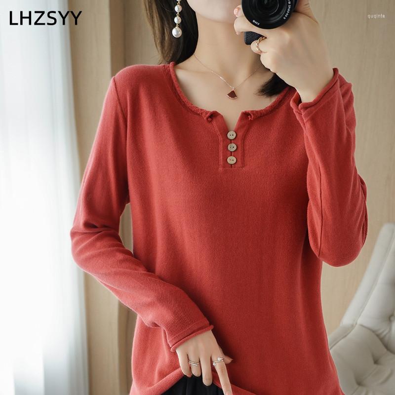

Women' Sweaters LHZSYY Women' Cotton Long Sleeves 2023 Spring And Autumn O-neck Pullover Solid Color Knitwear Casual Three Buckles, Blue