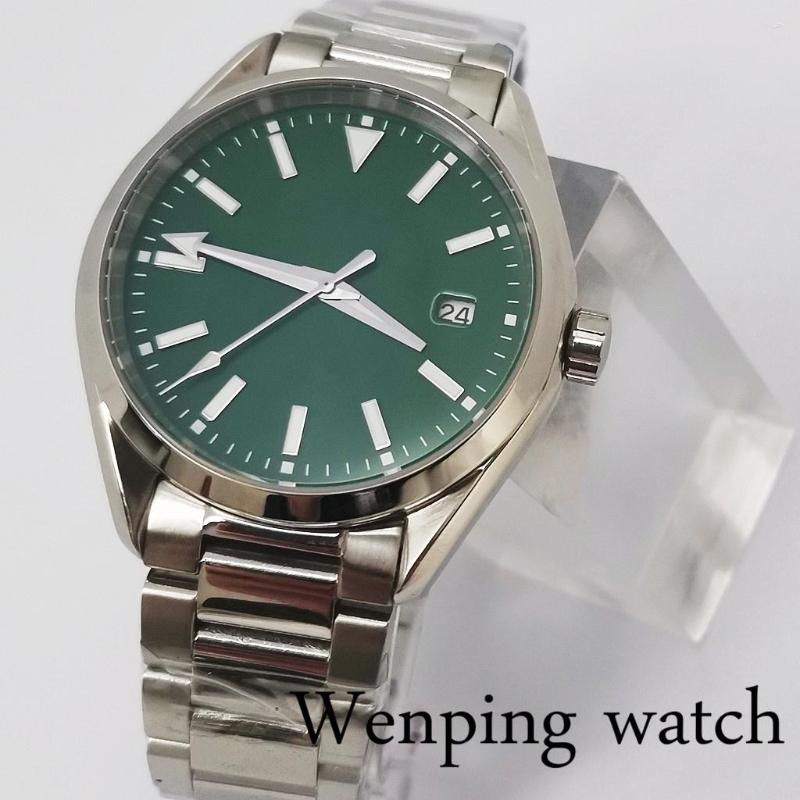 

Wristwatches -Sterile 41mm Men's Silver Case Watches Luminous Sapphire Crystal Bracelet Green Dial Fit NH35 Automatic Movement
