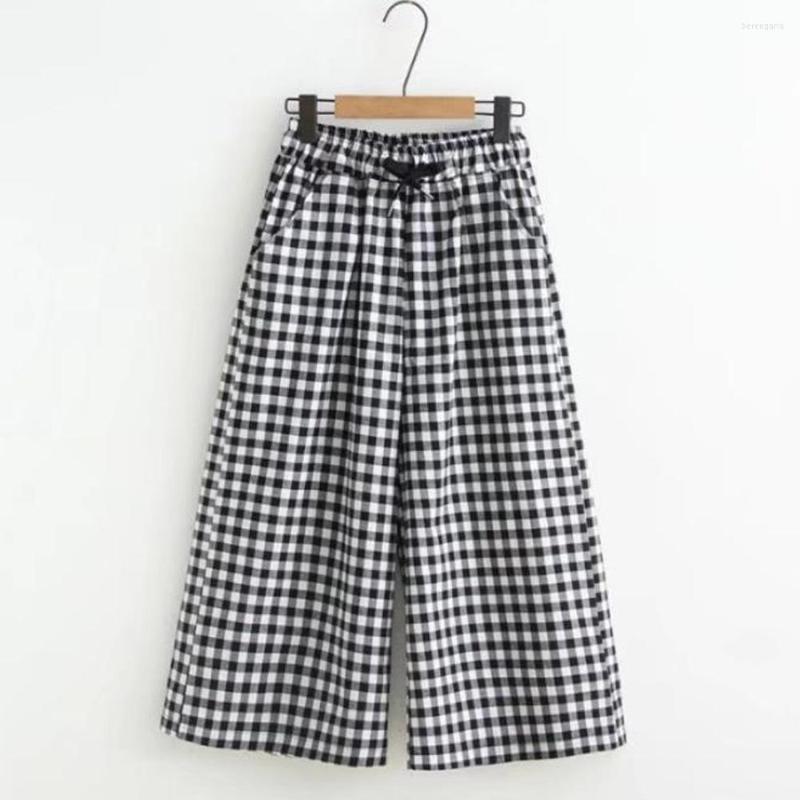 

Women's Pants 2023 Spring Summer Plaid Women's Wide Leg Capris Drawstring Waist Oversize Casual Loose Cotton Linen Trousers Women, Cropped pants