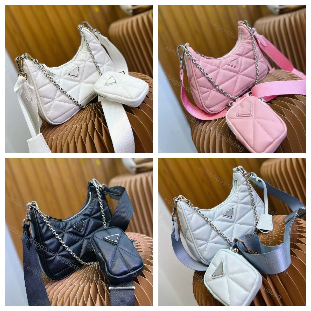 

women Crossbody HOBO bags MINI Mutifunction shoulder Purses Lambskin lady handbag Shoulder totes Quilted Grid Men Wallets with Mini Pouches 11746, 3in1 pink