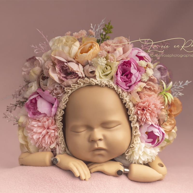 

Keepsakes Pink Sunflower Garden Floral Bonnet Hat Knit born Flower Bonnet Pography Shoot Baby Girl Hat Po Props 230204