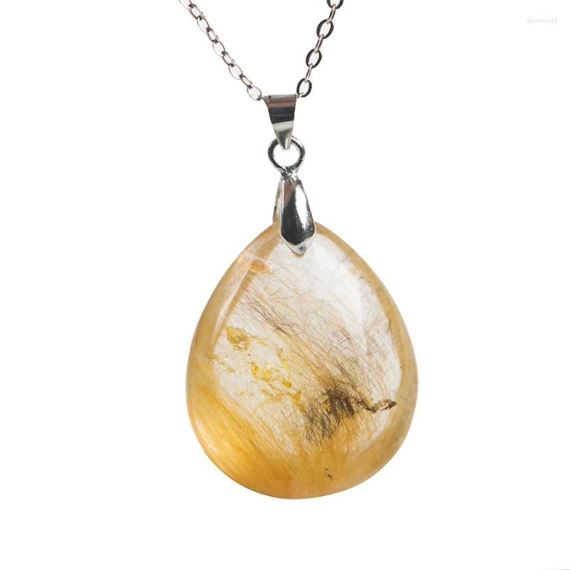 

Pendant Necklaces Genuine Natural Titanium Rutilated Quartz Crystal Waterdrop Bead Charm Women Necklace 29 24 12mm