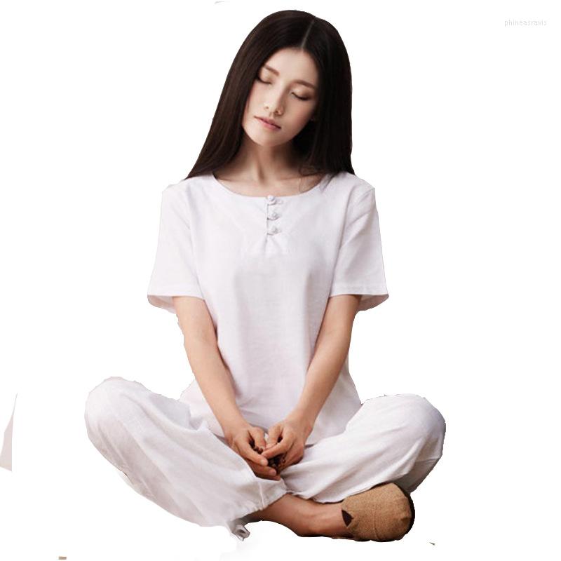

Active Sets Women Yoga Set Cotton Linen Loose Short Sleeve Top Wide Leg Pant Martial Arts Tai Chi Uniform Meditation Suit, Green