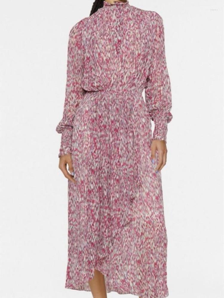 

Casual Dresses High Quality Autumn Women Elastic Waist Robes Print Stand Collar Irregular Long Sleeve Ladies Retro Midi Dress, Red