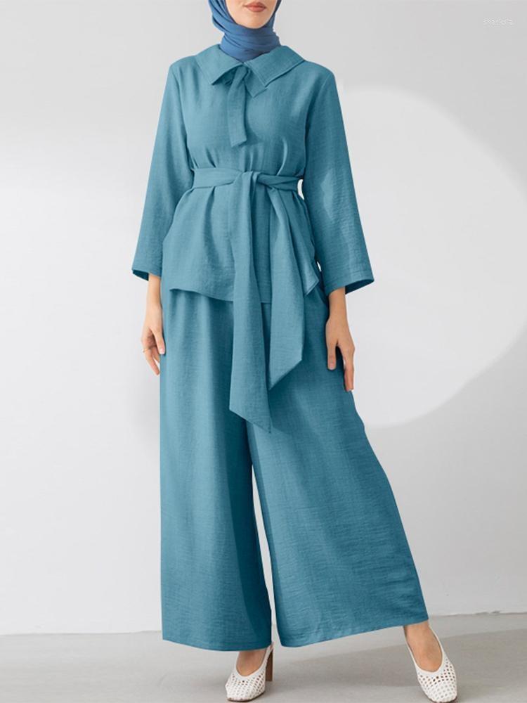 

Ethnic Clothing Abaya Muslim Sets Clothes Women With Belt Tops Wide Leg Pants Suits Autumn Fashion Solid Loose Casual Islam Ensembles