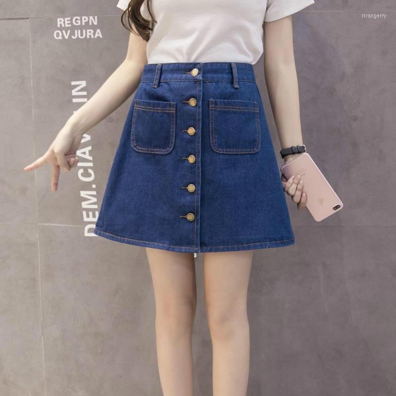 

Skirts Denim Skirt High Waist A-line Mini Women 2023 Summer Arrivals Single Button Pockets Blue Jean Style Jeans, Beige