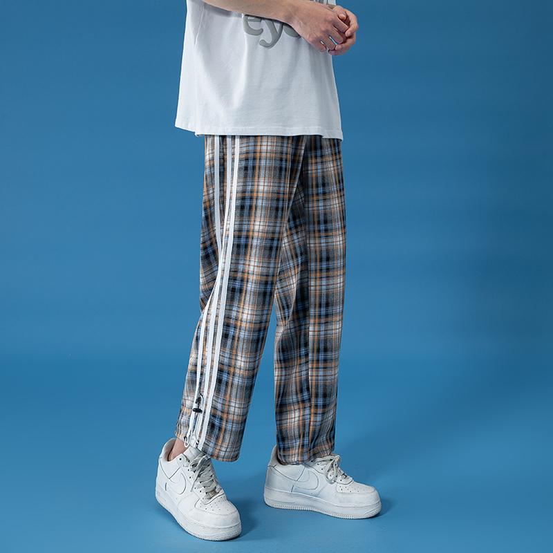

Men's Pants 2023 Trendy Plaid Streetwear Comfortable Pant Summer Loose Casual All-match Korean Joggers Trousers, Blue