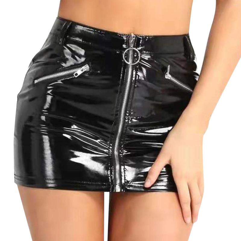 

Skirts Women's Sexy Leather Stretch Mini Hip Wrap Skirt Pockets Solid Color Trendy All Match Nightclub, Black
