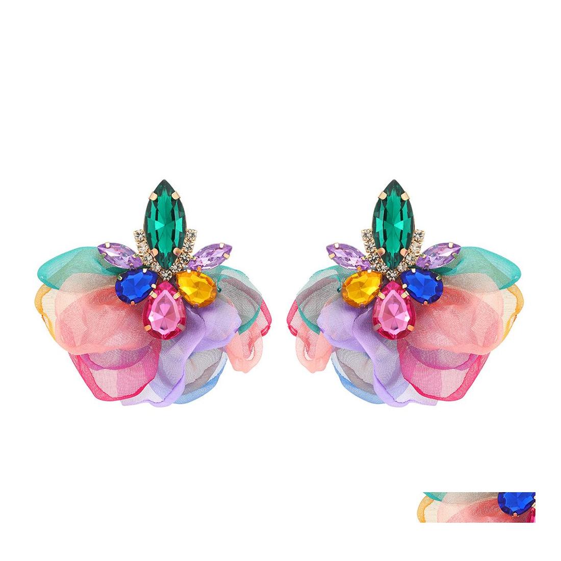 

Stud Chiffon Flower Handmade Earrings For Women Colorf Rhinestone Drop Delivery Jewelry Dhvjh