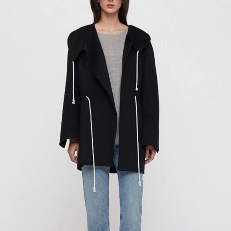 

Women's Jackets Women Coat Hooded Drawstring Pockets Long Sleeve Elastic Waist British Style Jacket