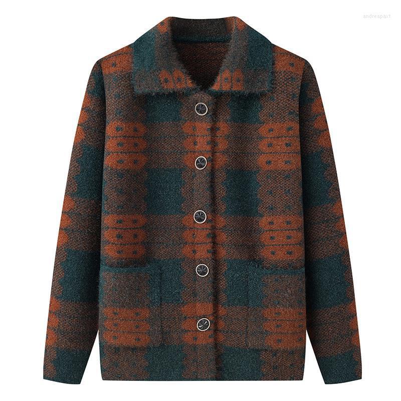 

Women's Knits 2023 Vintage Middle-age Women Plaid Knit Sweater Cardigan Jacket Autumn Winter Outwear Long-sleeve Tops Female Sweaters Coat, Purple
