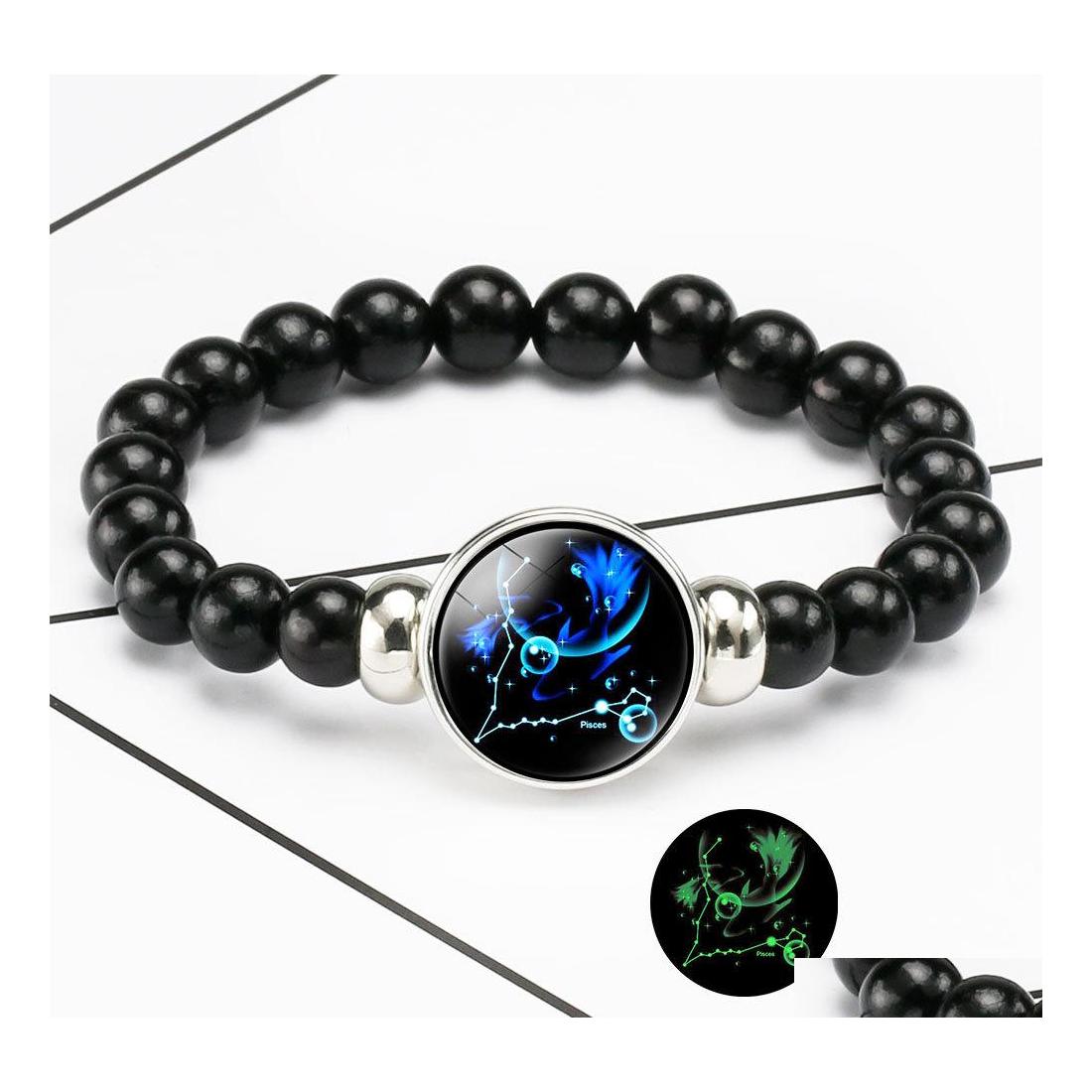 

Beaded Strands Luminous 12 Zodiac Sign Bracelets For Women Men Glow In The Dark Constellation Charm Beads Chains Fashion Birthday J Ottsc