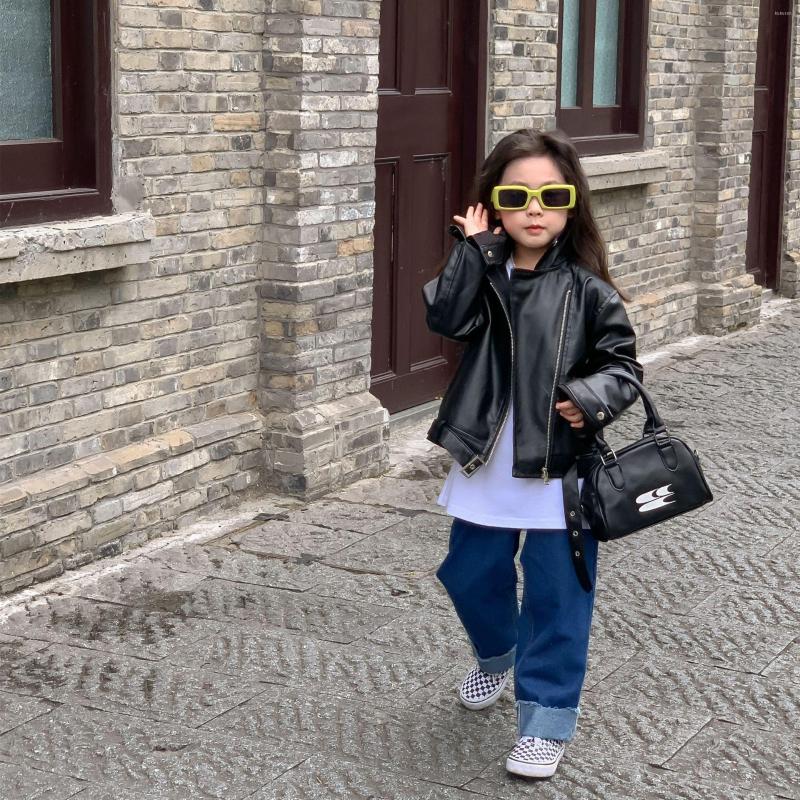 

Jackets Kids Jacket Unisex Fashion Leather Turn-down Collar Cool Streetwear Boy, Black