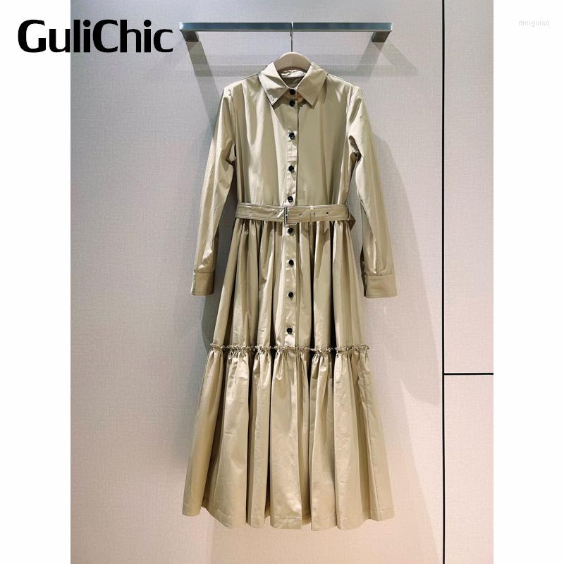 

Casual Dresses 12.14 GuliChic Women Fashion Temperament Embroidery Button Decoration With Belt Collect Waist Khaki Midi Dress