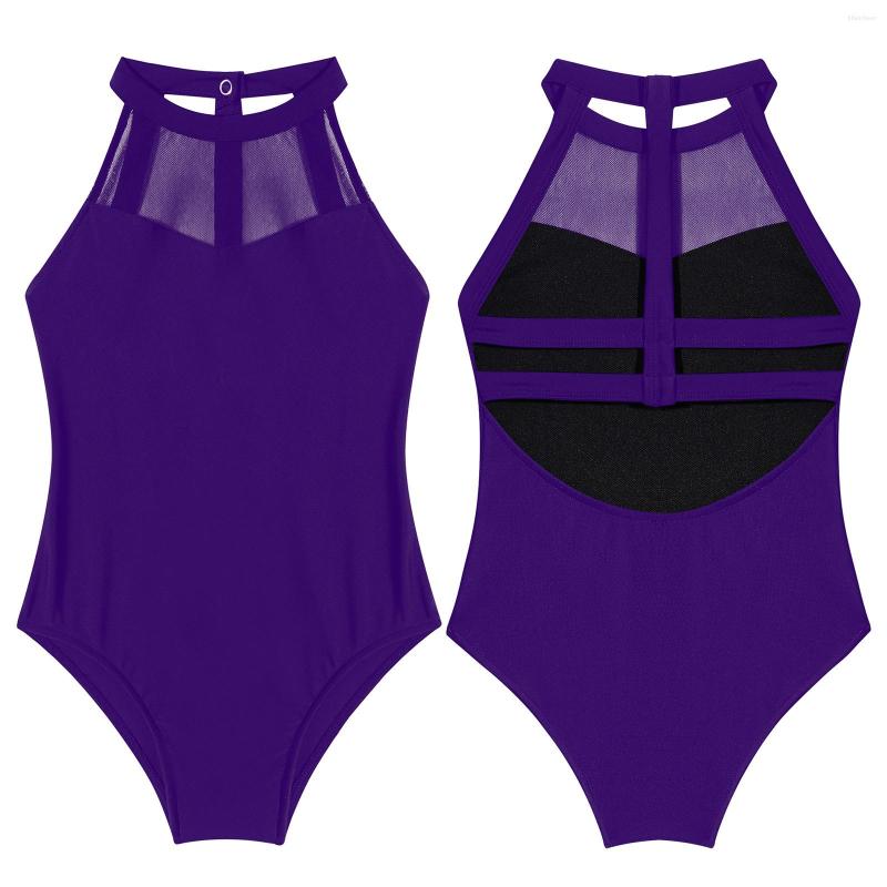 

Stage Wear Kids Girls Solid 1 Pcs Mesh Patchwork Straps Dance Leotards Stylish Sleeveless O-Neckline Hollow Backless Yoga Trainings, Black