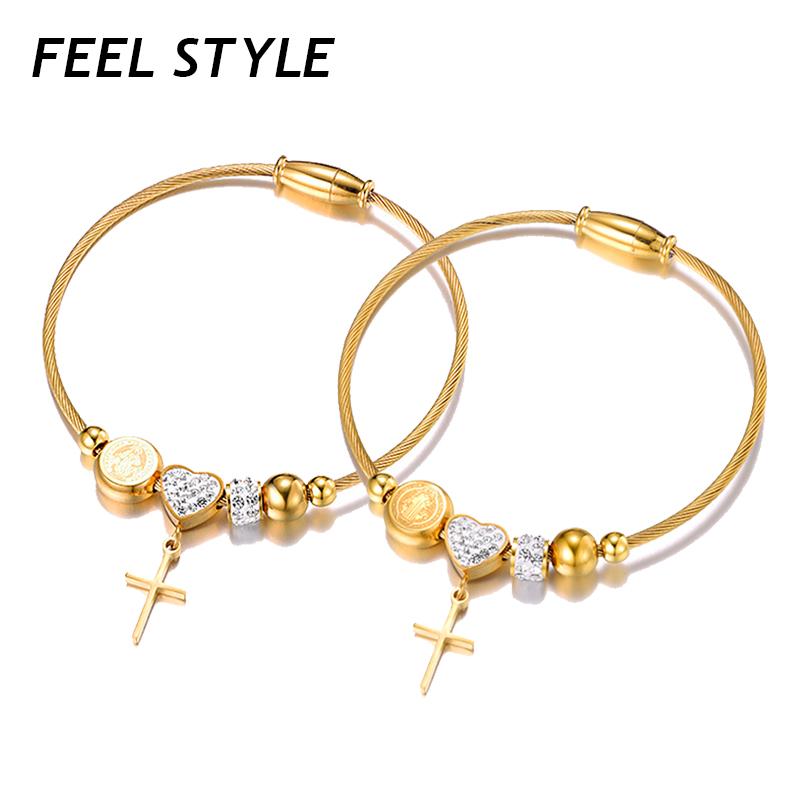 

Bangle Religious Virgin Mary San Benito Medal Bangles For Women Rhinestone Heart Cross Pendant