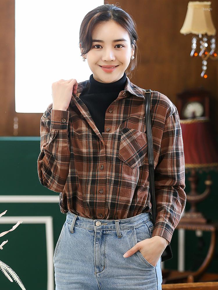 

Women's Blouses Holiday Plaid Summer Women Blouse Shirt Caffee Blue Style Grid Female Shirts Turn Down Collar Long Sleeve Tops Loose 2023, Caffee plaid