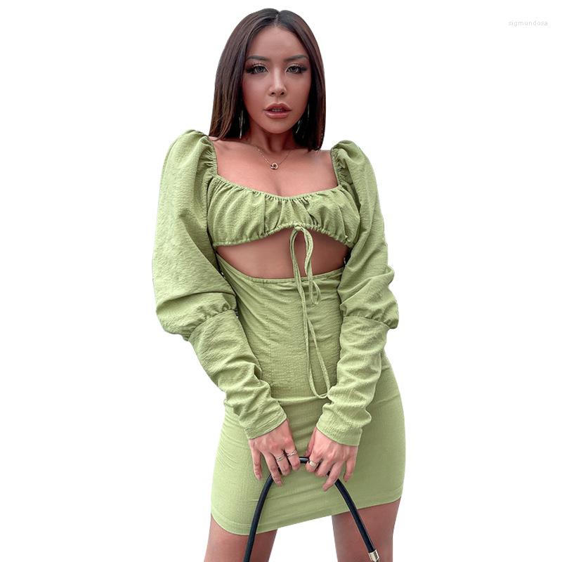 

Casual Dresses Women' 2023 Hollow Out Square-Neck Tie Bustier Crop Top Night Dress Set Body Con Midi Puff Sleeve, Green