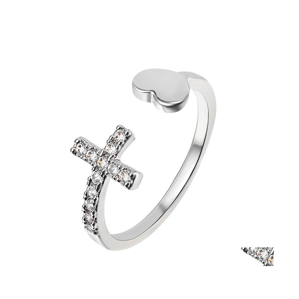 

Cluster Rings Sier Cross Heart Channel Setting Rhinestone Irregar Adjustable Love Shaped Opening Costume Jewelry For Women Drop Deliv Otwnd