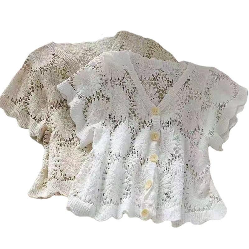 

Women's Knits & Tees Korean Women Knitted Crochet Cropped Cardigan Summer Floral Pattern Buttons Front V Neck Sweet Crop Tops Fashion Basic, Apricot short sleeve