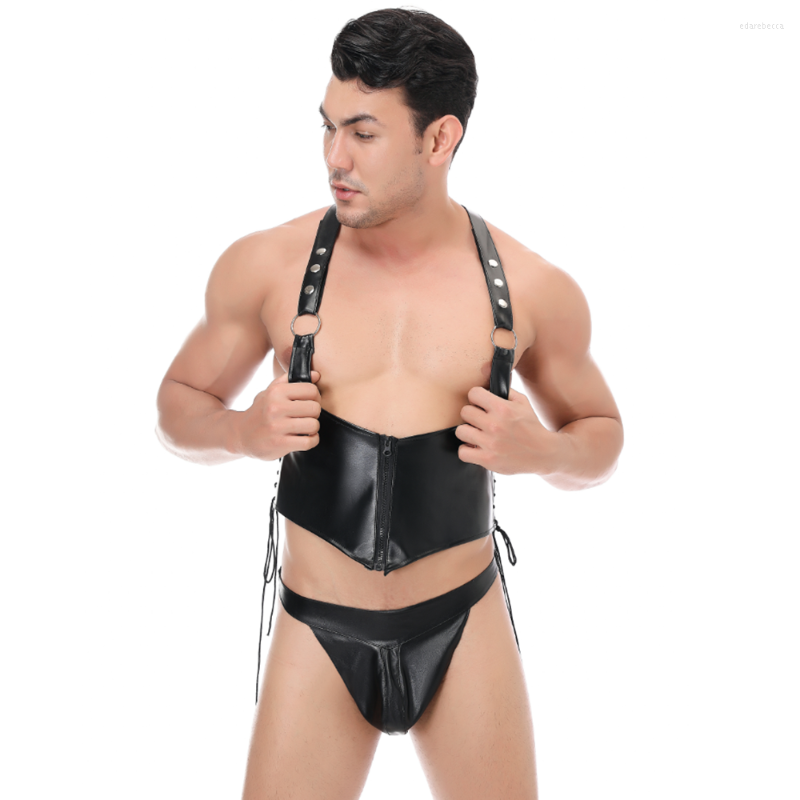 

Bras Sets Mens Harness Lingerie Set Gay Faux Leather Clubwear PU Vinyl Bondage Vest With G-string Underwear Male Fetish Costumes, Black