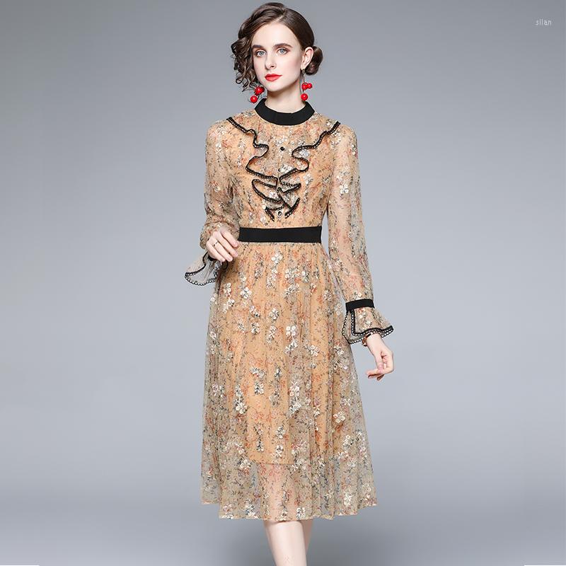 

Casual Dresses Luxury Women Flowers Embroidery Mesh Dress Runway Vintage Party Robe Femme Flare Sleeve Designer Slim Ruffles Vestidos, Yellow color