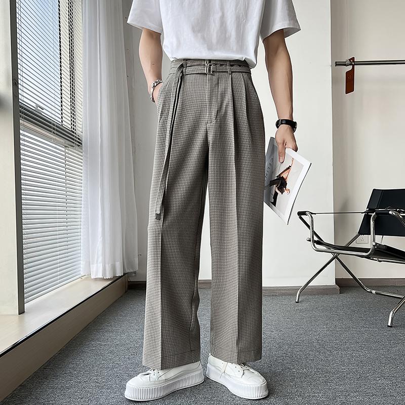 

Men's Suits & Blazers Double Belt Vintage Fashion Wide Leg Straight Casual Suit Plaid Pants Male Korean Streetwear Trousers And Pa, Gray