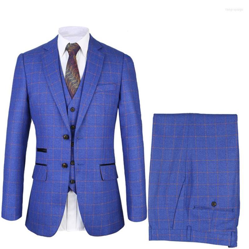

Men's Suits Auriparus Flaviceps Classic Style Groom Tuxedos Blue Check Dinner Suit 3 Pieces Groomsman Custom Made Man
