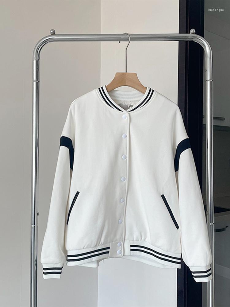 

Women's Jackets 2023 Autumn Women Contrast Color Stand Neck Jacket Coat American Style Vintage Female Baseball Uniform Classic Preppy Cozy, White